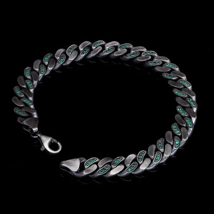 Zyan Gems | 14mm Unique  Green Emerald Iced Cuban Link Bracelet for Men | Dark Oxidized 925 Silver Bracelet Jewelry Authenticity and 925