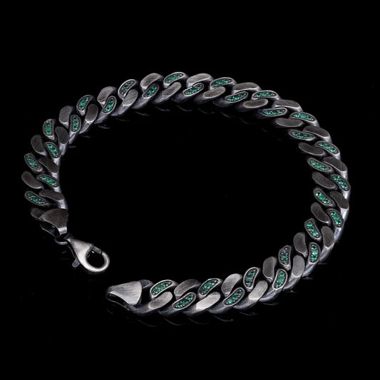 Zyan Gems | 14mm Unique  Green Emerald Iced Cuban Link Bracelet for Men | Dark Oxidized  Silver Bracelet