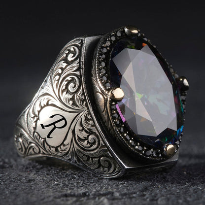 Zyan Gems | Custom Name Initials Turkish Style Ring with Multicolored Alexandrite |  Sterling Silver Oxidized Ring