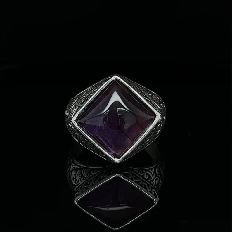 Zyan Gems | Unique  Designed Turkish Style Ring with Purple Amethyst ,  Sterling Silver Oxidized Ring
