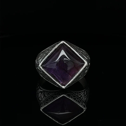 Zyan Gems | Unique  Designed Turkish Style Ring with Purple Amethyst ,  Sterling Silver Oxidized Ring