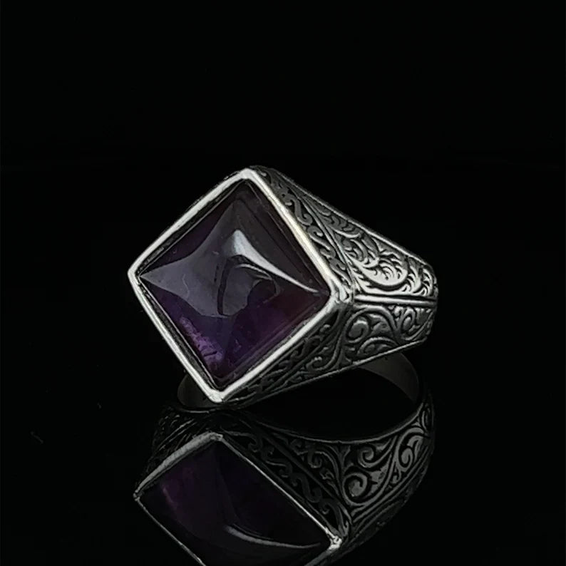 Zyan Gems | Unique  Designed Turkish Style Ring with Purple Amethyst ,  Sterling Silver Oxidized Ring