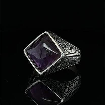 Zyan Gems | Unique  Designed Turkish Style Ring with Purple Amethyst ,  Sterling Silver Oxidized Ring