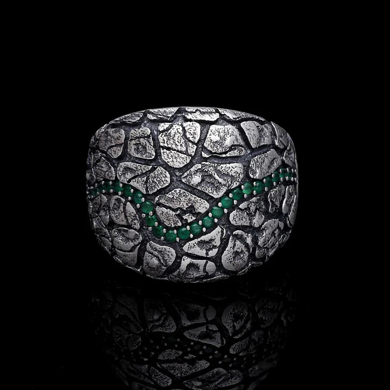 Zyan Gems | Unique Designed Turkish Style Ring with Emerald Stone |  Sterling Silver Oxidized Ring