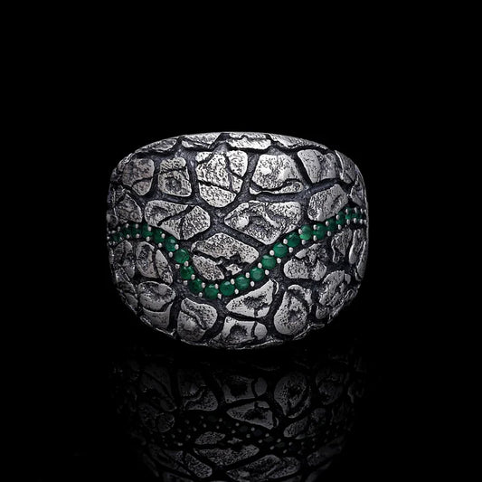 Zyan Gems | Unique Designed Turkish Style Ring with Emerald Stone |  Sterling Silver Oxidized Ring