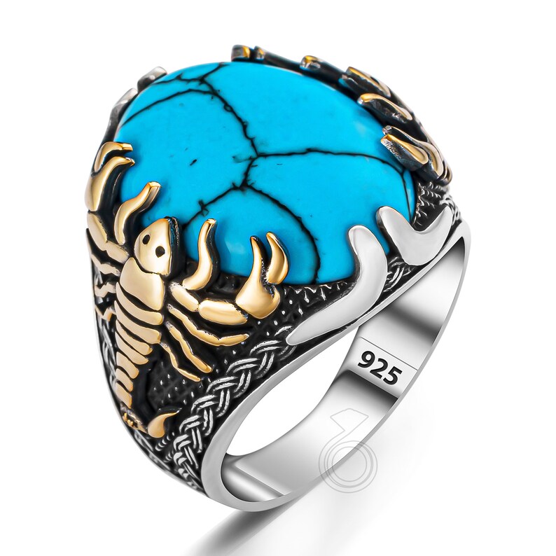 Zyan Gems | Unique Designed Turkish Style Ring with Natural IraniTurquoise (Firoza) |  Sterling Silver Oxidized Ring