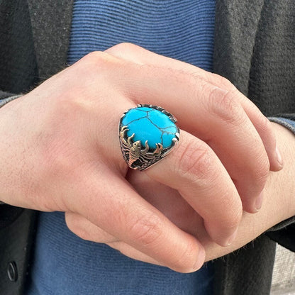 Zyan Gems | Unique Designed Turkish Style Ring with Natural IraniTurquoise (Firoza) |  Sterling Silver Oxidized Ring