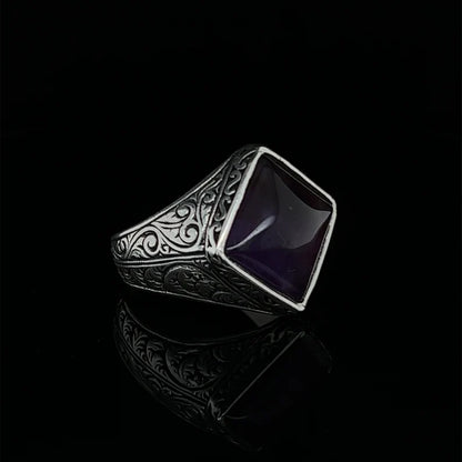Zyan Gems | Unique  Designed Turkish Style Ring with Purple Amethyst ,  Sterling Silver Oxidized Ring