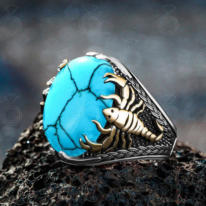 Zyan Gems | Unique Designed Turkish Style Ring with Natural IraniTurquoise (Firoza) |  Sterling Silver Oxidized Ring