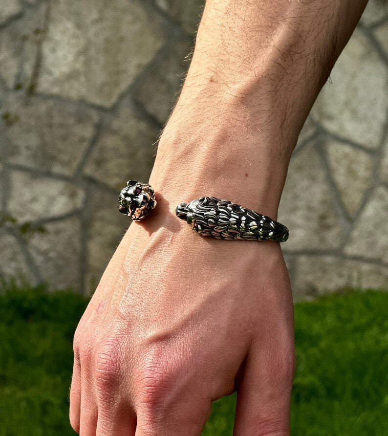 Adjustable Unique  Silver Oxidized Tiger Cuff | Bracelet for Men |  Sterling Silver Cuff