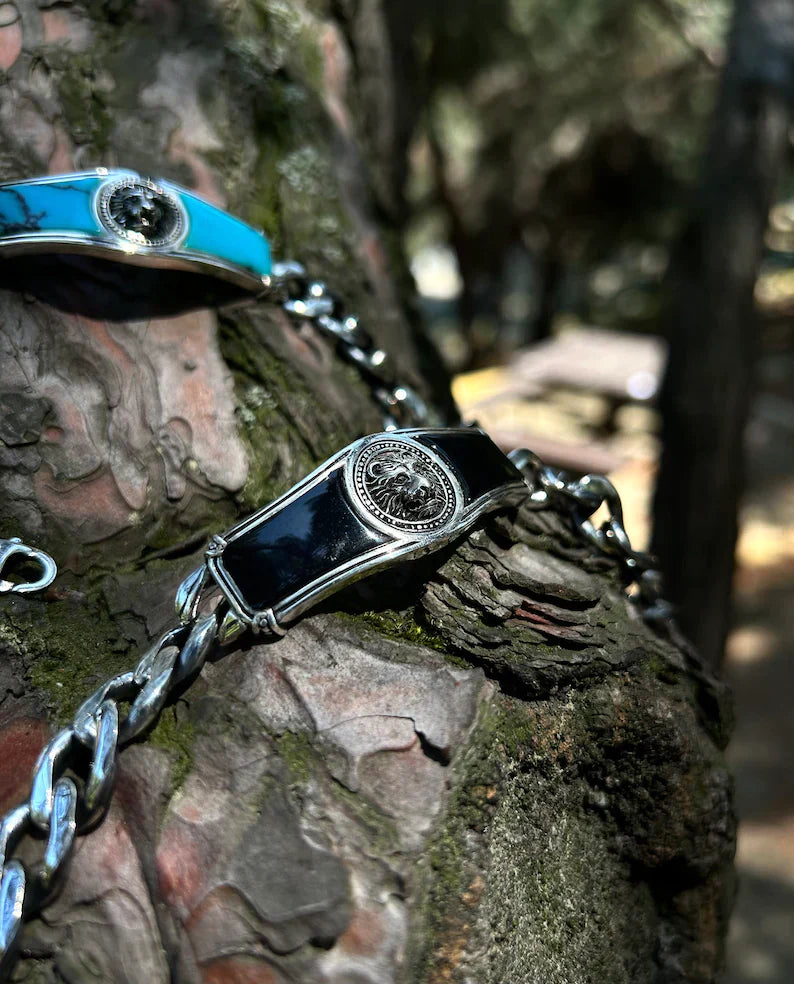 Zyan Gems | Heavy Lion Chain Bracelet with Natural Black Onyx for Men |  Sterling Silver Bracelet