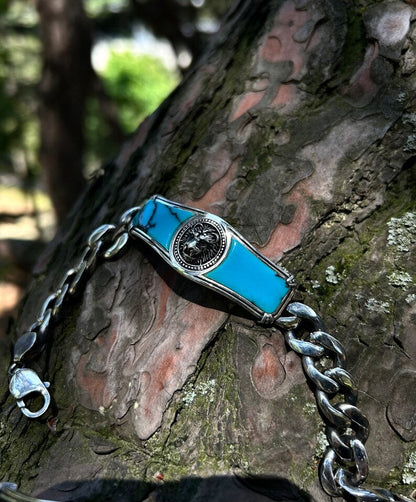Zyan Gems | Heavy Lion Chain Bracelet with Natural Irani Turquoise (Firoza) for Men |  Sterling Silver Bracelet