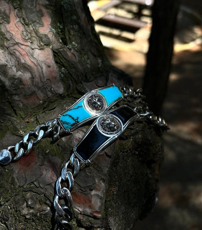 Zyan Gems | Heavy Lion Chain Bracelet with Natural Black Onyx for Men |  Sterling Silver Bracelet