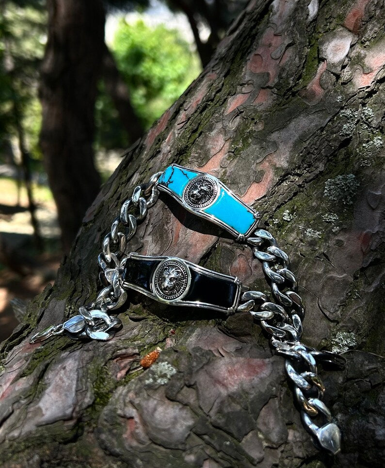 Zyan Gems | Heavy Lion Chain Bracelet with Natural Irani Turquoise (Firoza) for Men |  Sterling Silver Bracelet
