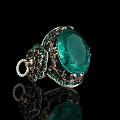 Unique Designed Turkish Style Ring with Emerald |  Sterling Silver Oxidized Ring Authenticity and