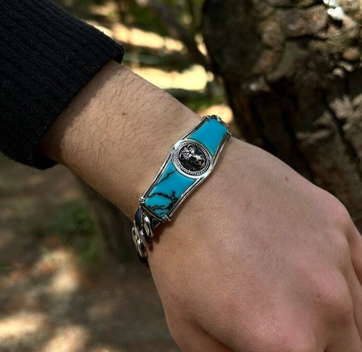 Zyan Gems | Heavy Lion Chain Bracelet with Natural Irani Turquoise (Firoza) for Men |  Sterling Silver Bracelet