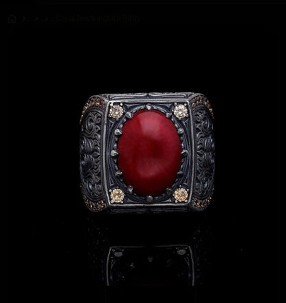 Zyan Gems | Unique Designed Turkish Style Heavy Ring with Natural Red Coral | 925 Sterling Silver Oxidized Ring Jewelry Authenticity and 925