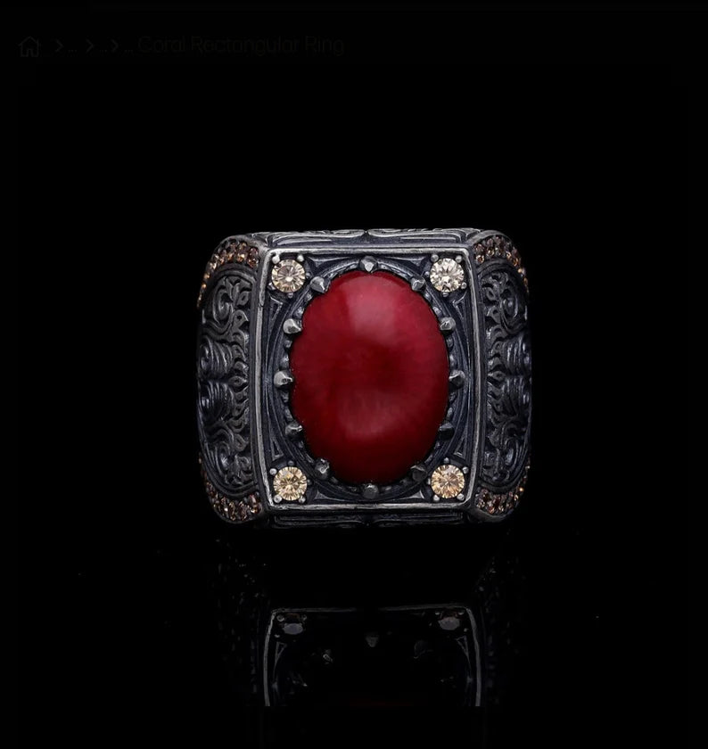 Zyan Gems | Unique Designed Turkish Style Heavy Ring with Natural Red Coral |  Sterling Silver Oxidized Ring