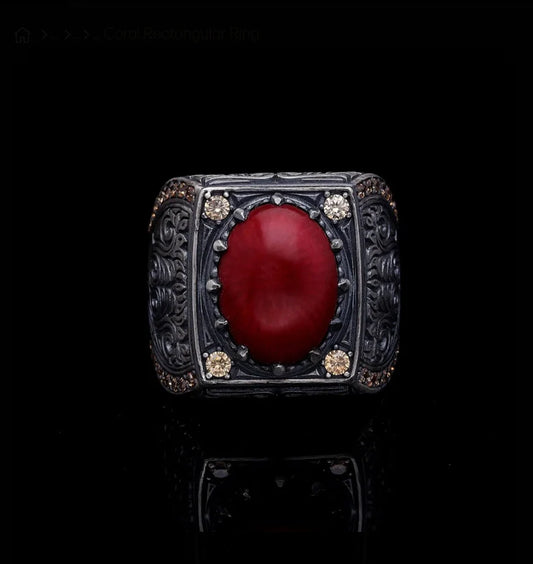 Zyan Gems | Unique Designed Turkish Style Heavy Ring with Natural Red Coral |  Sterling Silver Oxidized Ring