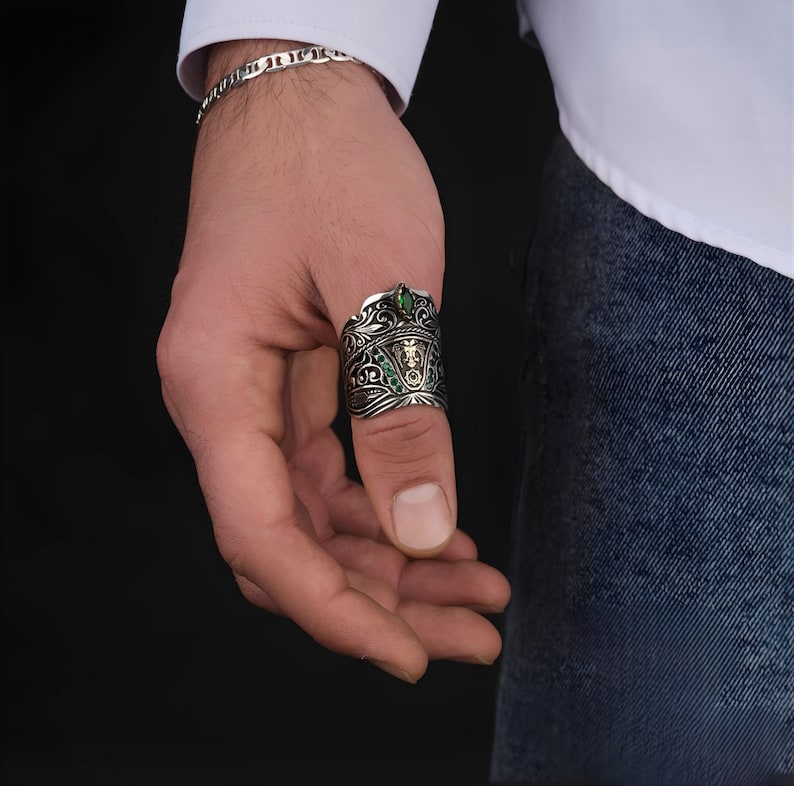 Zyan Gems | Unique Turkish Emperor's Style Signet Thumb Ring studded with Emeralds |  Sterling Silver Oxidized Ring