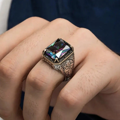 Zyan Gems | Unique Designed Turkish Style Ring with Multicolored Alexandrite |  Sterling Silver Oxidized Ring
