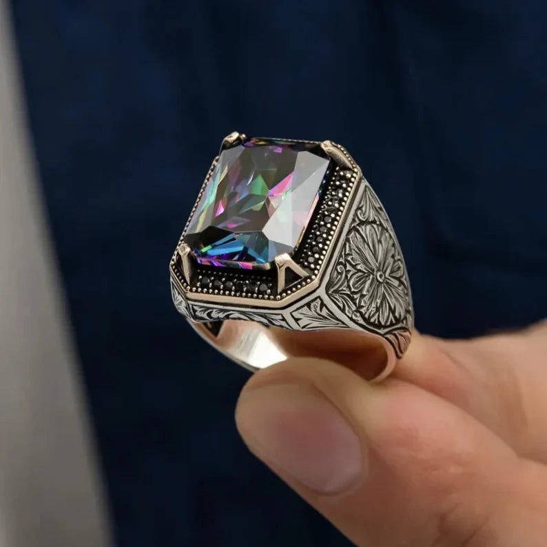 Zyan Gems | Unique Designed Turkish Style Ring with Multicolored Alexandrite |  Sterling Silver Oxidized Ring