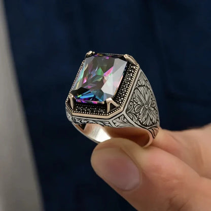 Zyan Gems | Unique Designed Turkish Style Ring with Multicolored Alexandrite |  Sterling Silver Oxidized Ring