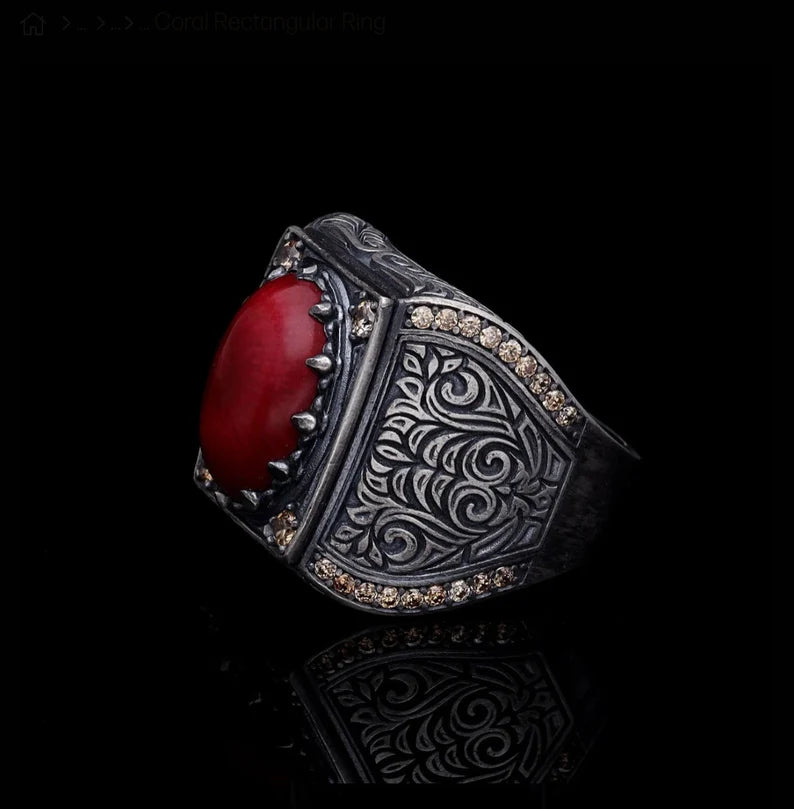 Zyan Gems | Unique Designed Turkish Style Heavy Ring with Natural Red Coral |  Sterling Silver Oxidized Ring
