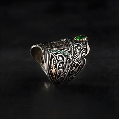 Zyan Gems | Unique Turkish Emperor's Style Signet Thumb Ring studded with Emeralds |  Sterling Silver Oxidized Ring