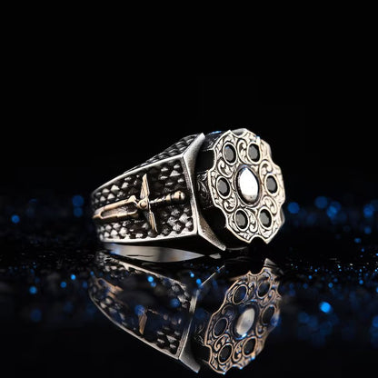 Zyan Gems | Unique Turkish Style Ring with 6 stone Black Zircon |  Sterling Silver Oxidized Ring