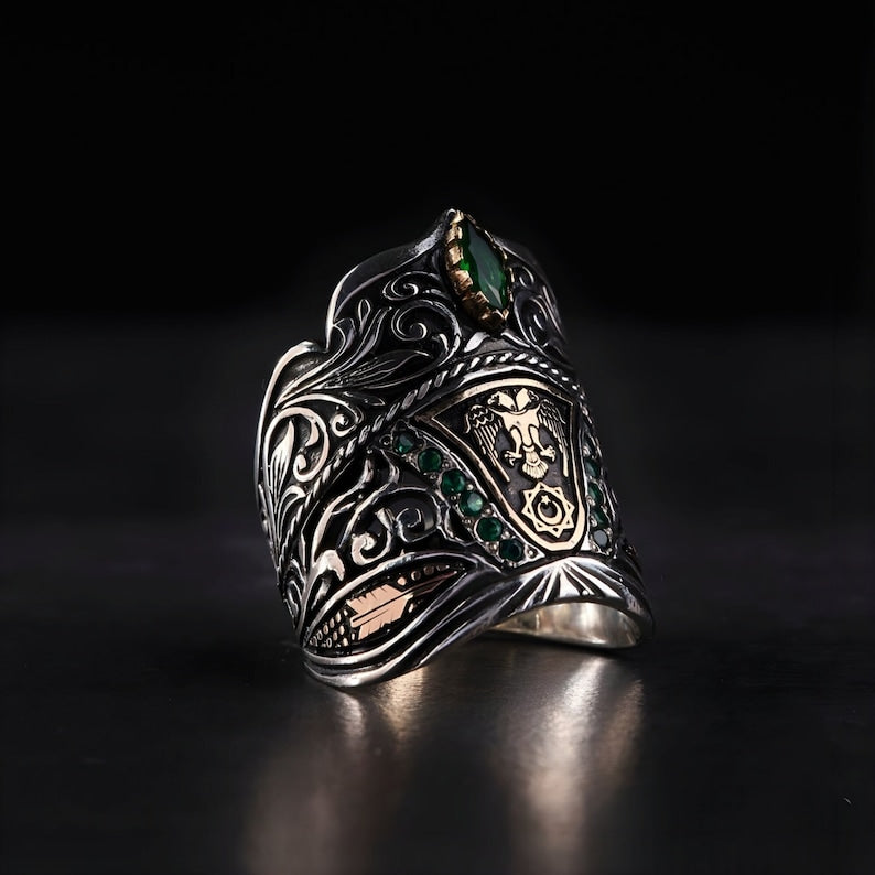 Zyan Gems | Unique Turkish Emperor's Style Signet Thumb Ring studded with Emeralds |  Sterling Silver Oxidized Ring