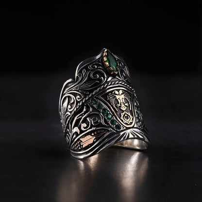 Zyan Gems | Unique Turkish Emperor's Style Signet Thumb Ring studded with Emeralds |  Sterling Silver Oxidized Ring