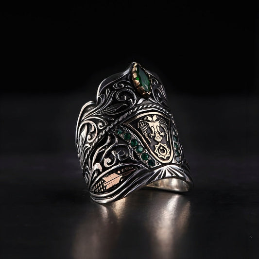 Zyan Gems | Unique Turkish Emperor's Style Signet Thumb Ring studded with Emeralds |  Sterling Silver Oxidized Ring