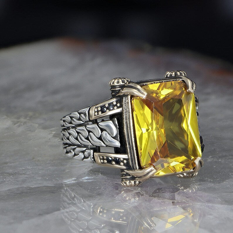 Designed Turkish Style Ring with 12 ct Natural Yellow Citrine , Sterling Silver Oxidized Ring Authenticity and