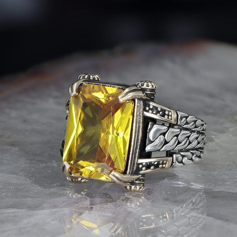 Designed Turkish Style Ring with 12 ct Natural Yellow Citrine , Sterling Silver Oxidized Ring Authenticity and