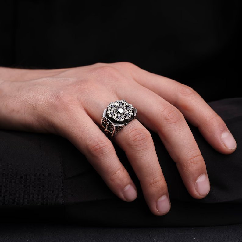 Zyan Gems | Unique Turkish Style Ring with 6 stone Black Zircon |  Sterling Silver Oxidized Ring