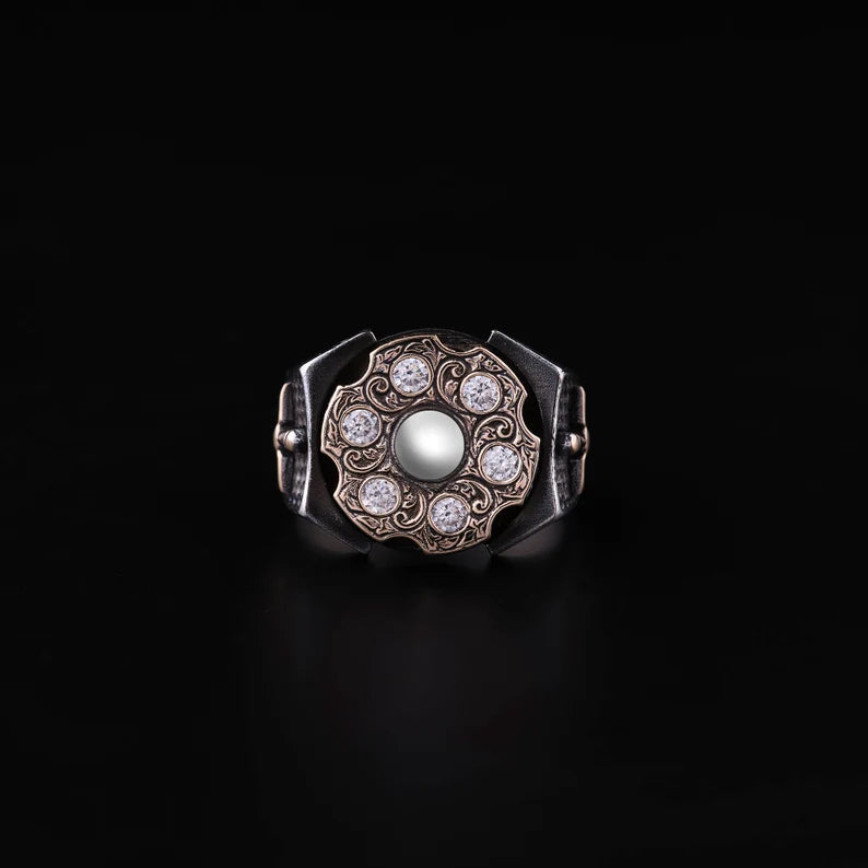 Zyan Gems | Unique Designed Turkish Style Ring with 6 Stone White Zirconia | 925 Sterling Silver Oxidized Ring Jewelry Authenticity and 925