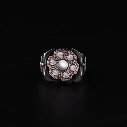 Zyan Gems | Unique Designed Turkish Style Ring with 6 Stone White Zirconia | 925 Sterling Silver Oxidized Ring Jewelry Authenticity and 925