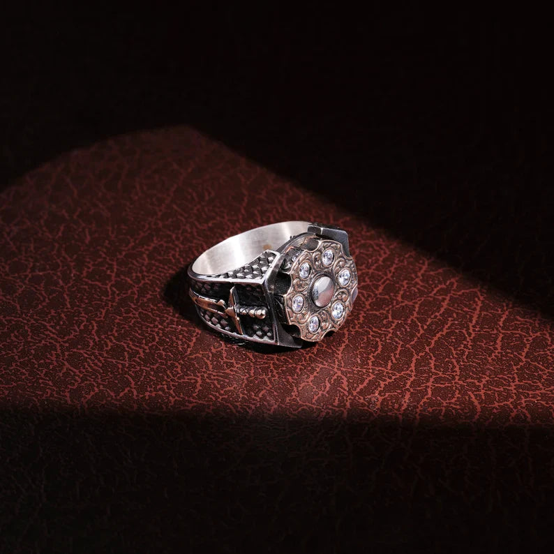 Zyan Gems | Unique Designed Turkish Style Ring with 6 Stone White Zirconia | 925 Sterling Silver Oxidized Ring Jewelry Authenticity and 925