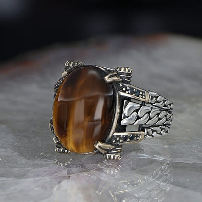 Zyan Gems | Unique Designed Turkish Style Ring with Natural Tiger Eye  |  Sterling Silver Oxidized Ring