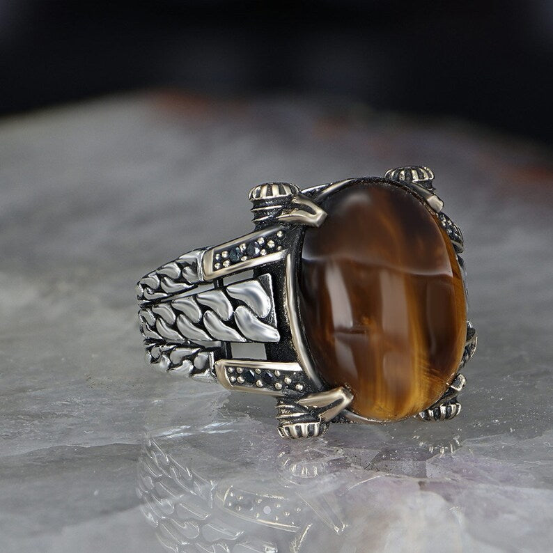 Zyan Gems | Unique Designed Turkish Style Ring with Natural Tiger Eye  |  Sterling Silver Oxidized Ring