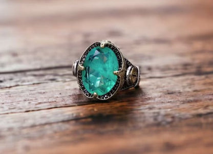 Unique Designed Turkish Style Ring with Emerald |  Sterling Silver Oxidized Ring |With Certificate of Authenticity and