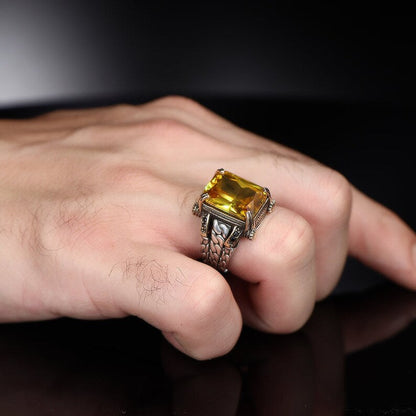 Designed Turkish Style Ring with 12 ct Natural Yellow Citrine , Sterling Silver Oxidized Ring Authenticity and