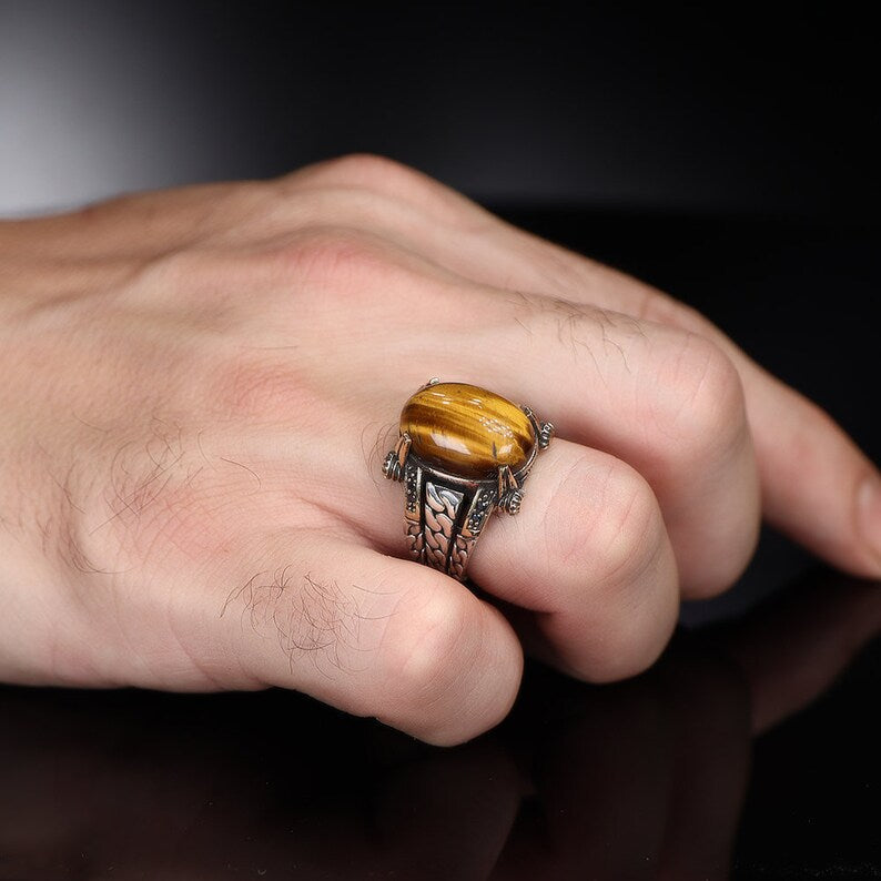 Zyan Gems | Unique Designed Turkish Style Ring with Natural Tiger Eye  |  Sterling Silver Oxidized Ring
