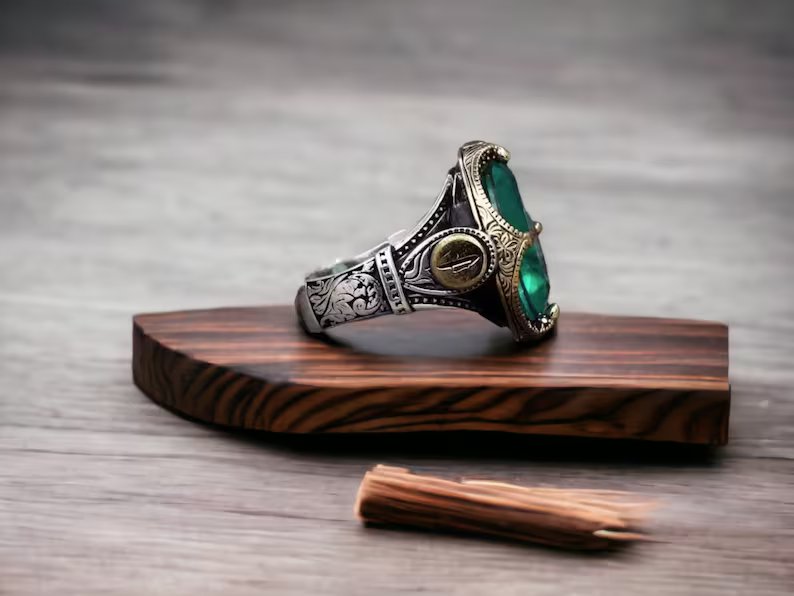 Unique Designed Turkish Style Ring with Emerald |  Sterling Silver Oxidized Ring |With Certificate of Authenticity and