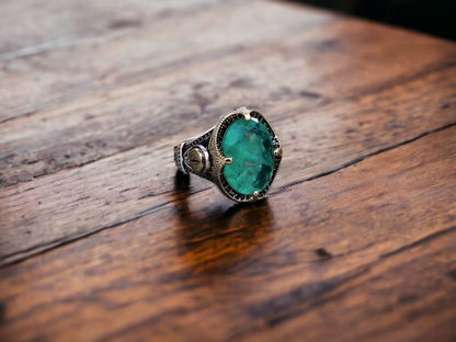 Unique Designed Turkish Style Ring with Emerald |  Sterling Silver Oxidized Ring |With Certificate of Authenticity and