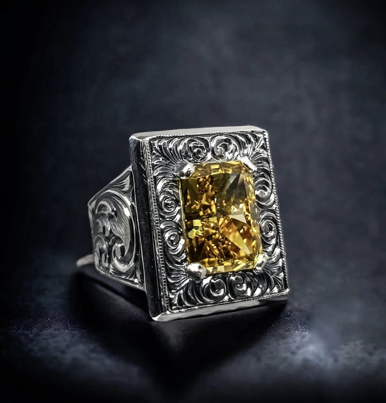 Zyan Gems | Unique Hand-Engraved Turkish Style Ring with AAA+ Natural Yellow Citrine,  Sterling Silver Oxidized Ring