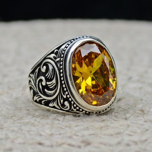 Zyan Gems | Unique Designed Turkish Style Ring with Natural Yellow Citrine ,  Sterling Silver Oxidized Ring