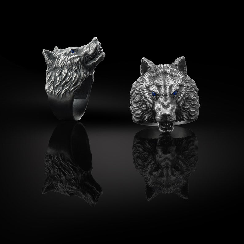 Zyan Gems | Unique Designed Wolf Face Ring |  Sterling Silver Oxidized Ring