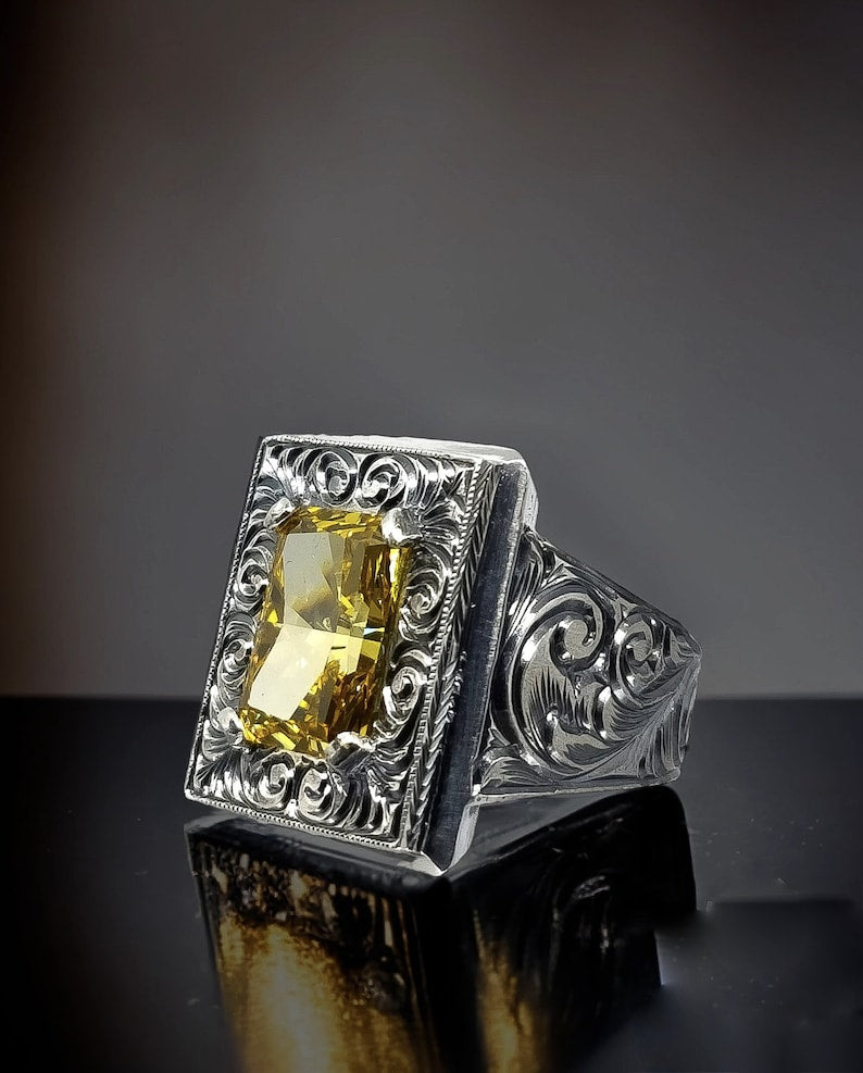 Zyan Gems | Unique Hand-Engraved Turkish Style Ring with AAA+ Natural Yellow Citrine,  Sterling Silver Oxidized Ring